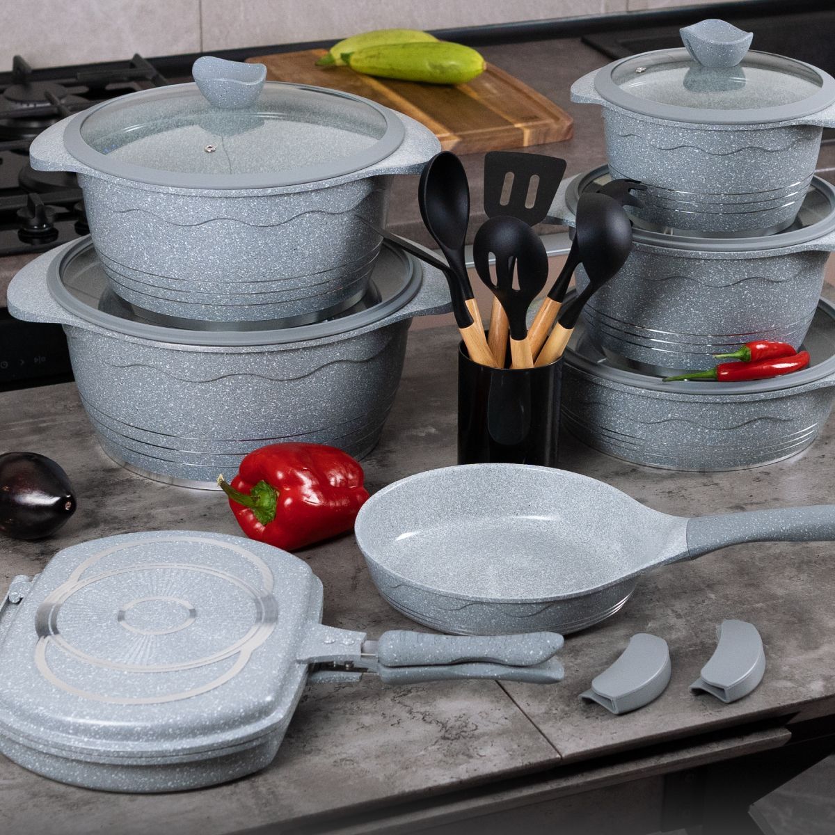 Набір каструль ROCKLAND COOKWARE SET на 22 предмета сірий з кришками з гранітним покриттям | каструлі | сковорода