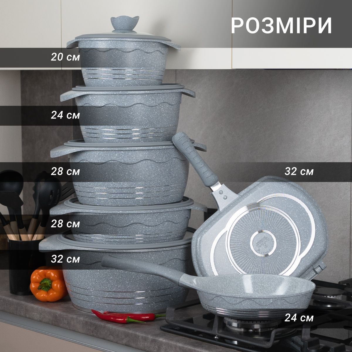 Набір каструль ROCKLAND COOKWARE SET на 22 предмета сірий з кришками з гранітним покриттям | каструлі | сковорода