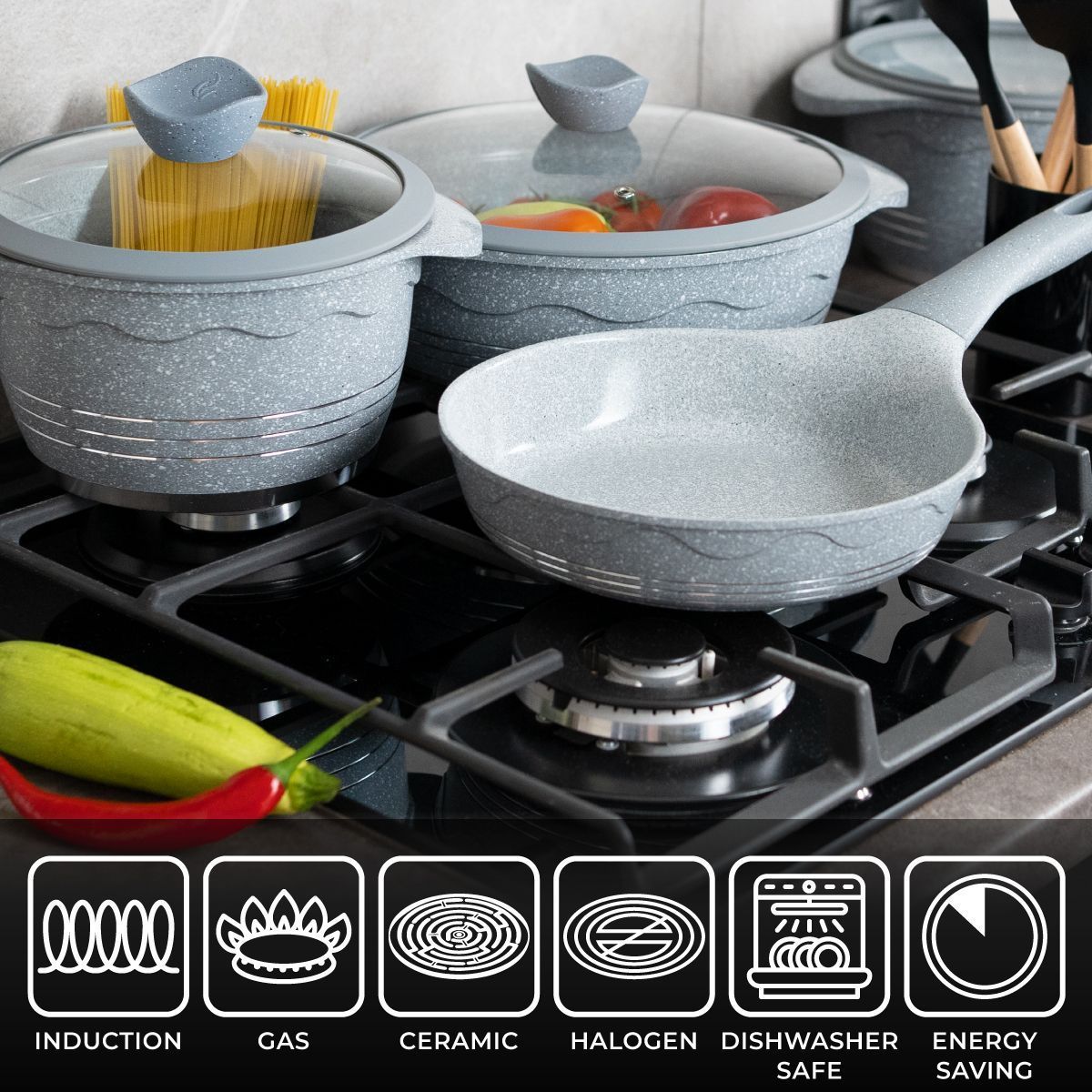 Набір каструль ROCKLAND COOKWARE SET на 22 предмета сірий з кришками з гранітним покриттям | каструлі | сковорода