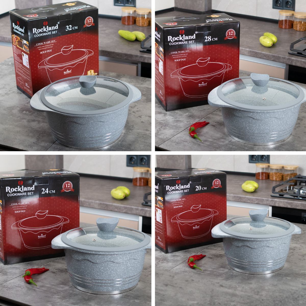Набір каструль ROCKLAND COOKWARE SET на 22 предмета сірий з кришками з гранітним покриттям | каструлі | сковорода