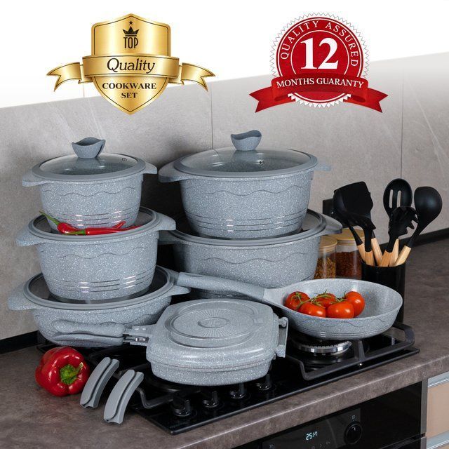 Набір каструль ROCKLAND COOKWARE SET на 22 предмета сірий з кришками з гранітним покриттям | каструлі | сковорода
