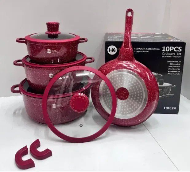 Набір каструль та сковорода з гранітним антипригарним покриттям Higher Kitchen HK-324 чорний 10 предметів