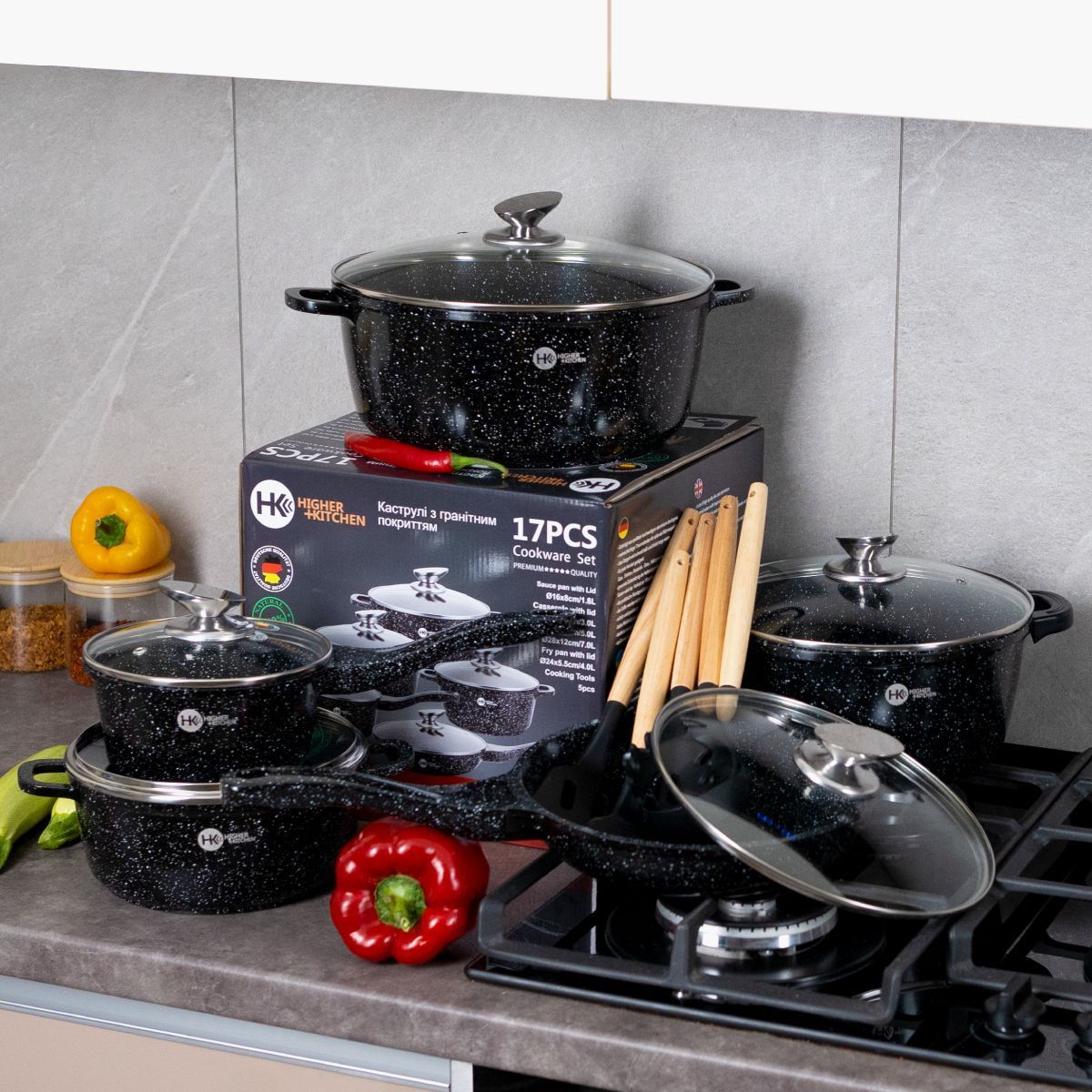 Набір посуду Higher Kitchen HK-305 17 предметів з кришками з гранітним покриттям | каструлі | ківш | сковорода