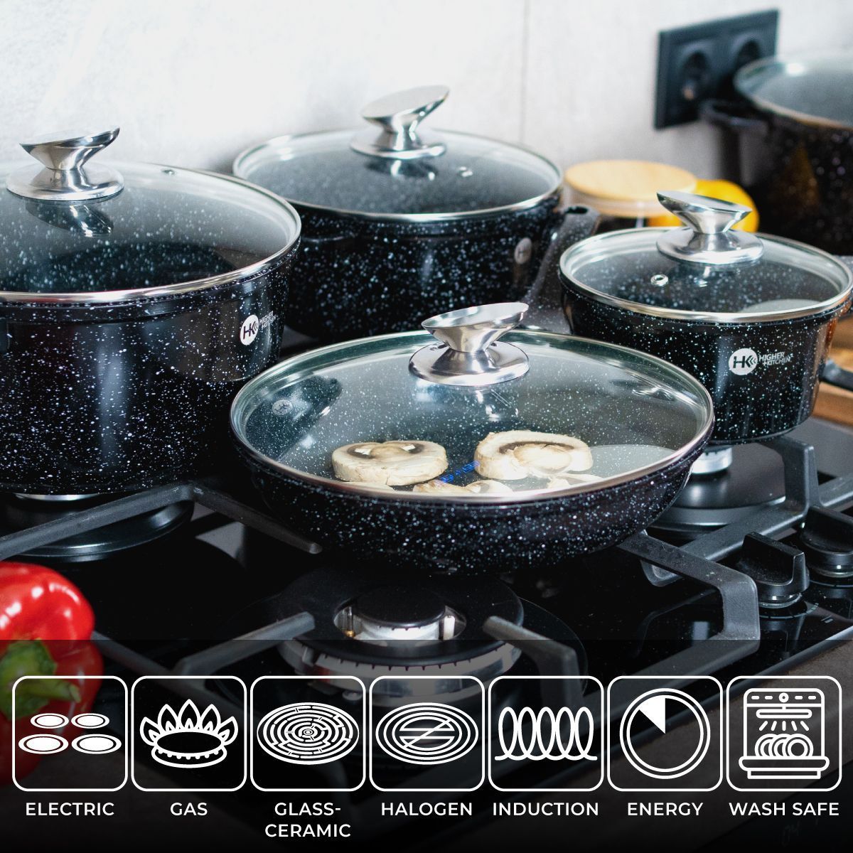 Набір посуду Higher Kitchen HK-305 17 предметів з кришками з гранітним покриттям | каструлі | ківш | сковорода