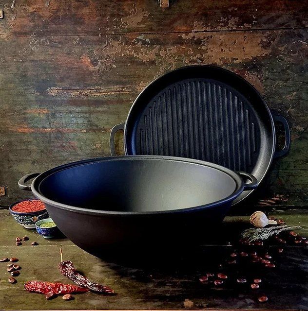 Казан чавунний узбецький об`ємом 8 л WOK із кришкою-сковородою гриль "Наша Майстерня"